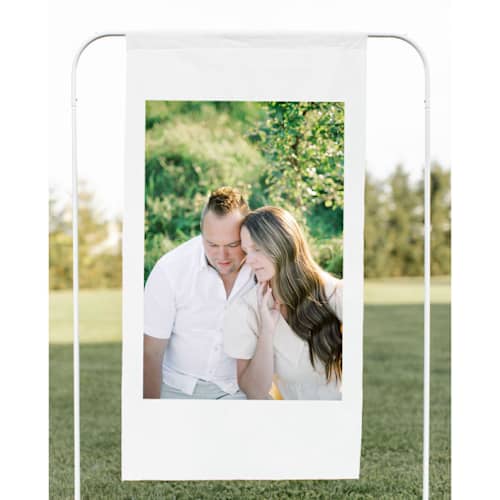 This is a multicolorassorted-colors wedding signs by Studio Lavender called photo fabric banner sign, 26x48 inches in standard