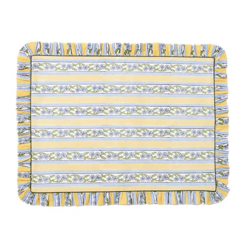 This is a yellow tableware by Inner Child called provence ruffled blockprint tablecloth in butter yellow - 70x120 in standard