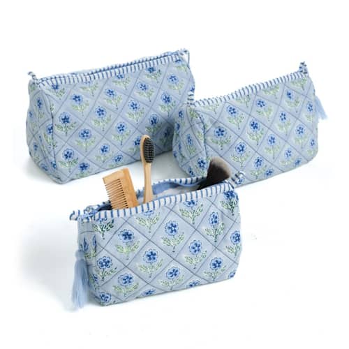 This is a blue back to school supplies by Inner Child called mona blockprint makeup bag in blue - medium in standard