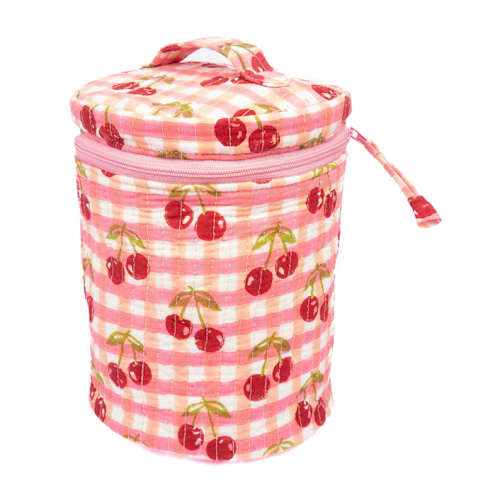 This is a red back to school supplies by Inner Child called cherry round upright makeup bag in red gingham blockprint in standard