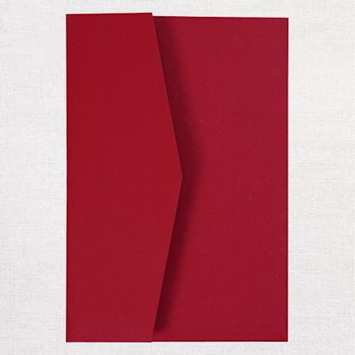 This is a red vellum wedding invitations by Papel Custom Design called qty of 50 custom red shimmer simply elegant tri-fold pocket with mailing envelopes in standard