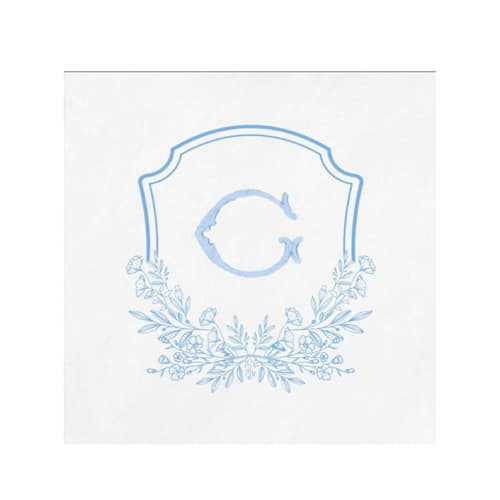 This is a white decorative paper napkins by Papel Custom Design called custom blue floral monogram digitally printed on white napkin - pack of 100 in standard