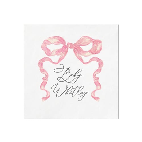 This is a white decorative paper napkins by Papel Custom Design called sweet pink bow personalized baby shower napkin in standard