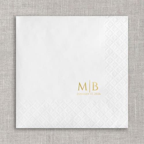 This is a white decorative paper napkins by Orchid Studio called custom initials foil napkins | gold foil, white napkins | set of 100 in standard