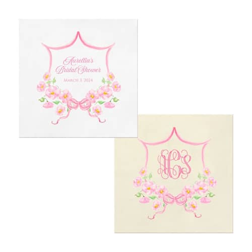 This is a white decorative paper napkins by Papel Custom Design called custom pink buttercup crest napkins- pack of 100 napkins in standard