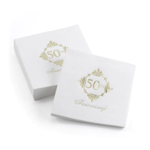 This is a white decorative paper napkins by Papel Custom Design called golden 50th anniversary beverage napkins - pack of 50 in standard