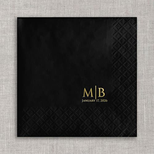 This is a black decorative paper napkins by Orchid Studio called custom initials foil napkins | gold foil, black napkins | set of 100 in standard