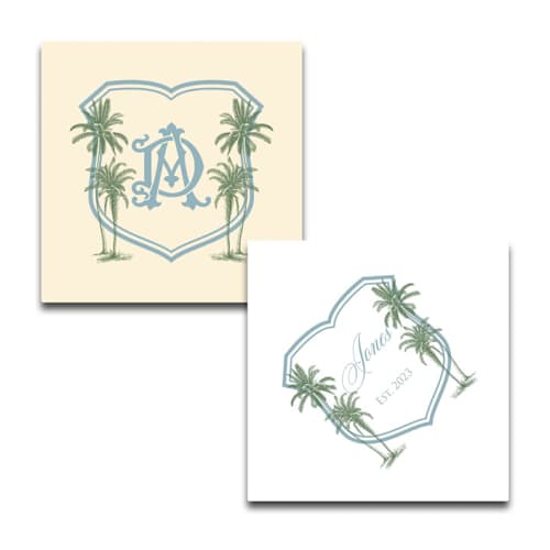 This is a white decorative paper napkins by Papel Custom Design called custom beaufort palm tree wedding crest napkins- pack of 100 in standard