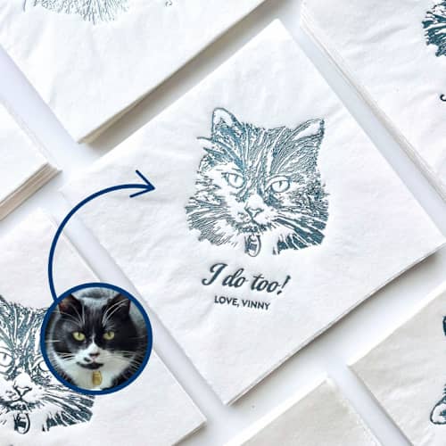 This is a white decorative paper napkins by Alyssa Cook called personalized pet portrait bar napkin | set of 50 | cat illustration cocktail napkin in standard