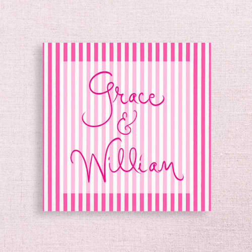 This is a pink decorative paper napkins by Papel Custom Design called striped personalized napkins, your choice of ink color - set of 50 3-ply in standard