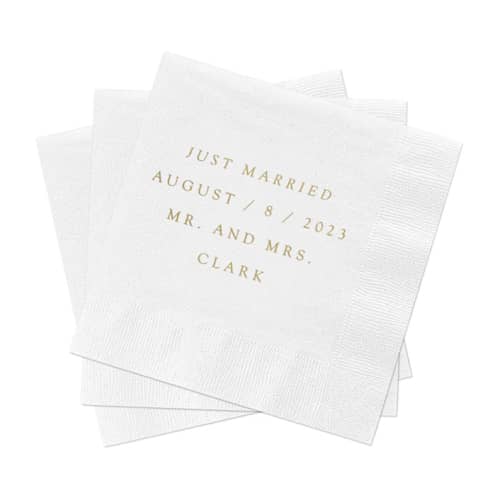 This is a multicolorassorted-colors decorative paper napkins by Studio Lavender called just married, wedding cocktail napkins, pack of 200 in standard