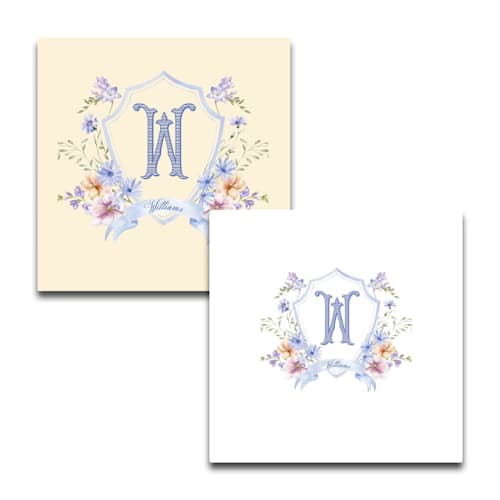 This is a white decorative paper napkins by Papel Custom Design called custom periwinkle wildflowers monogram wedding crest- pack of 100 in standard