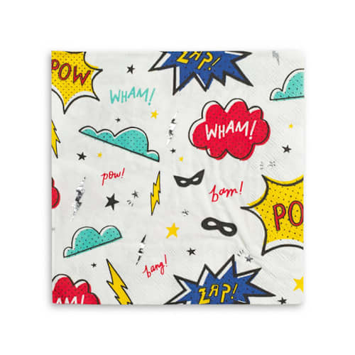 This is a multicolor decorative paper napkins by Jollity and Co called superhero large napkins - pack of 16 in standard