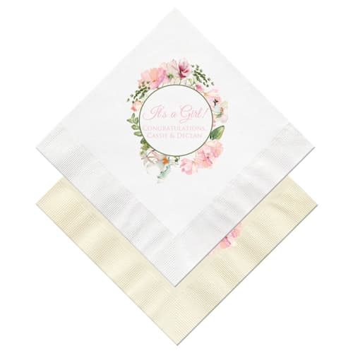This is a white decorative paper napkins by Papel Custom Design called pink floral personalized baby shower napkins in standard