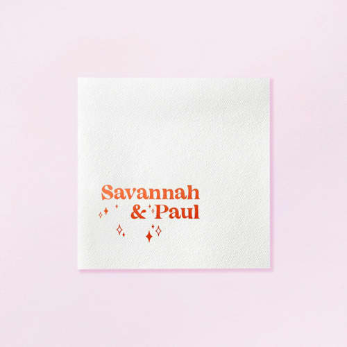 This is a white decorative paper napkins by ForYourParty called custom retro wedding names napkin, cocktail size, set of 100 in standard