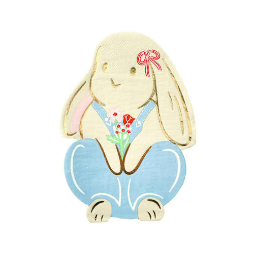 This is a multicolor decorative paper napkins by Jollity and Co called bunnies in the garden overalls bunny large napkins - set of 16 in standard