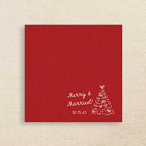 This is a red decorative paper napkins by Papel Custom Design called merry & married red linen-like napkin with holiday tree design | pack of 50 in standard