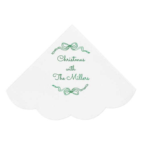 This is a white decorative paper napkins by ForYourParty called holiday bows scalloped luncheon napkin in standard