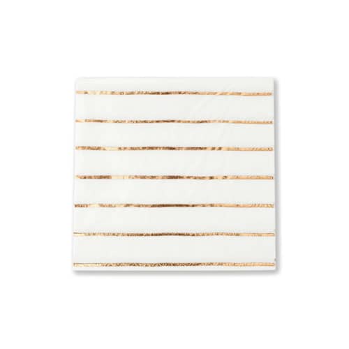 This is a copper decorative paper napkins by Jollity and Co called rose gold frenchie stripes petite napkins in standard