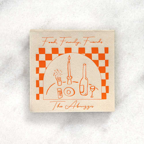 This is a gray decorative paper napkins by ForYourParty called food, family, friends checkered napkin, cocktail size, set of 50 in standard