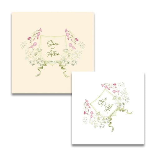 This is a white decorative paper napkins by Papel Custom Design called custom green and pink floral wedding crest napkins- pack of 100 in standard