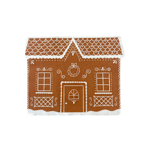 This is a brown decorative paper napkins by Jollity and Co called baking spirits bright gingerbread house large napkins - set of 16 in standard