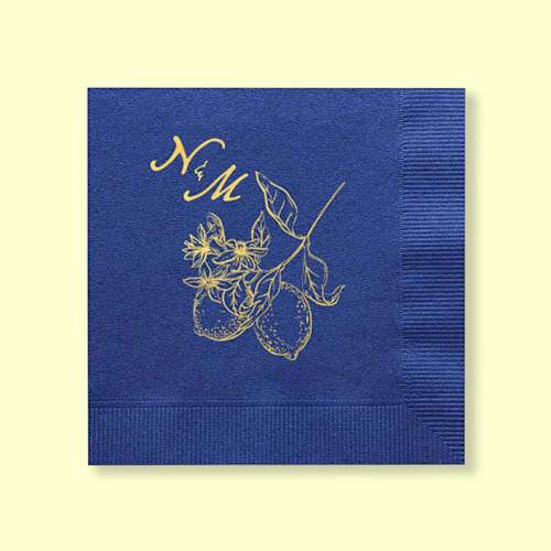 This is a blue decorative paper napkins by ForYourParty called initials lemon napkin, cocktail size, set of 100 in standard