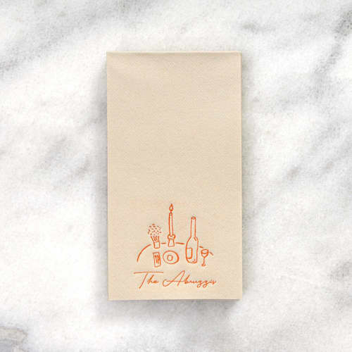 This is a beige decorative paper napkins by ForYourParty called food, family, friends napkin, guest towel, set of 50 in standard