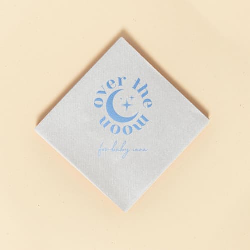 This is a gray decorative paper napkins by ForYourParty called over the moon baby shower napkin, cocktail size, set of 50 in standard
