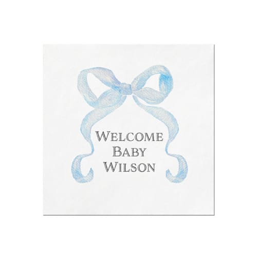 This is a white decorative paper napkins by Papel Custom Design called blue bow personalized baby shower napkins in standard