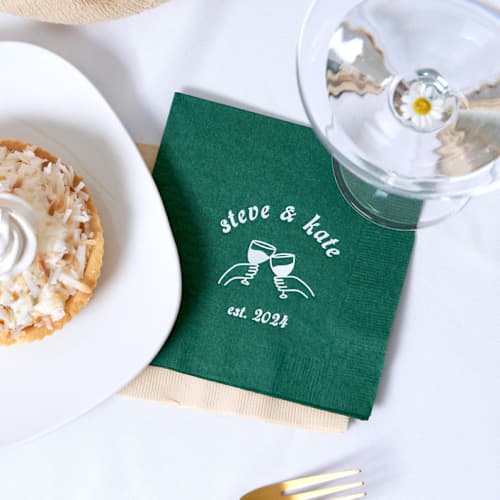 This is a beige decorative paper napkins by ForYourParty called celebration cheers: personalized toast napkin, cocktail size, set of 100 in standard