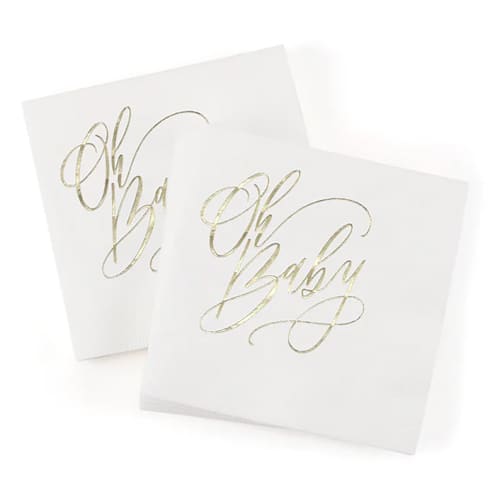 This is a white decorative paper napkins by Papel Custom Design called oh baby gender neutral baby shower napkins in standard