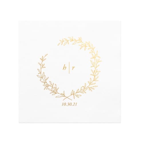 This is a white decorative paper napkins by Papel Custom Design called personalized modern wreath foil initial cocktail napkins | pack of 100 in standard