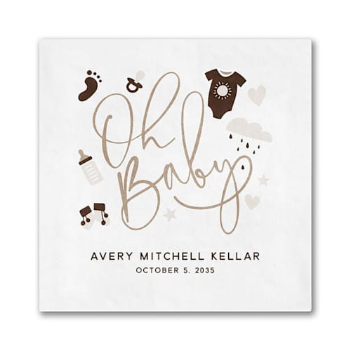 This is a white decorative paper napkins by Papel Custom Design called baby icons digital beverage napkin in standard