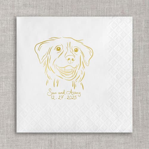 This is a white decorative paper napkins by Orchid Studio called custom pet portrait cocktail napkins - white napkins (set of 100) in standard