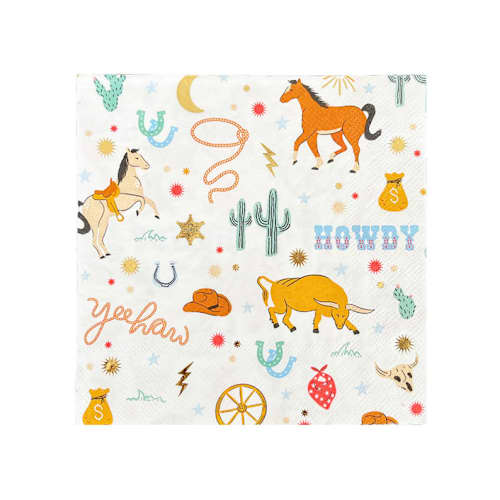 This is a multicolor decorative paper napkins by Jollity and Co called yeehaw large "cowboy" napkins - pack of 16 in standard