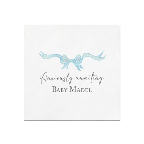 This is a white decorative paper napkins by Papel Custom Design called blue gingham bow personalized baby shower napkin in standard