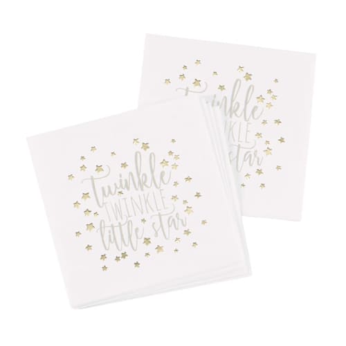 This is a white decorative paper napkins by Papel Custom Design called twinkle twinkle little star gender neutral gold foil baby shower napkins in standard