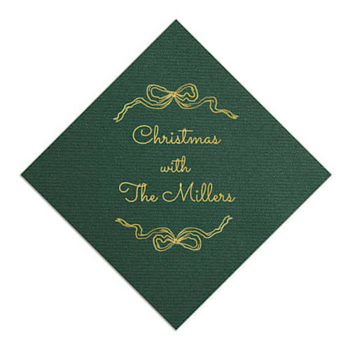 This is a green decorative paper napkins by ForYourParty called holiday bow napkins in standard