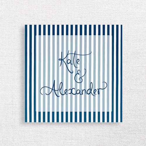 This is a blue decorative paper napkins by Papel Custom Design called striped personalized napkins, your choice of ink color - pack of 50 3-ply in standard