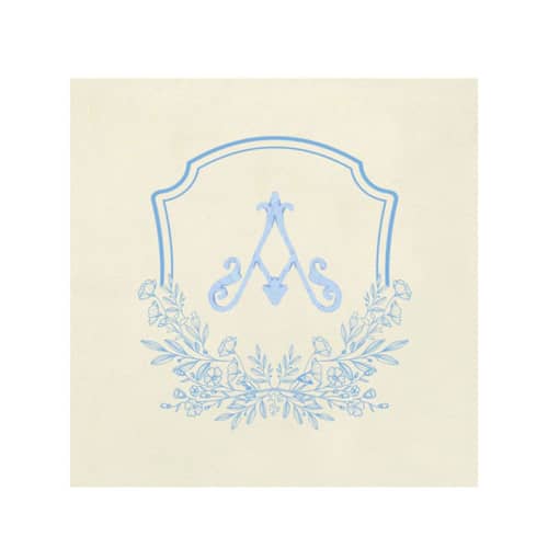 This is a beige decorative paper napkins by Papel Custom Design called custom blue floral monogram digitally printed on ecru napkin - pack of 100 in standard