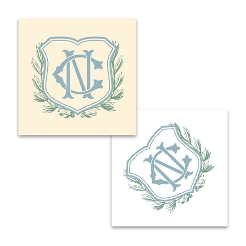 This is a white decorative paper napkins by Papel Custom Design called custom dusty blue green canton crest- pack of 100 in standard