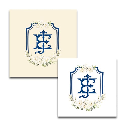 This is a white decorative paper napkins by Papel Custom Design called custom cream rose crest cocktail napkins- pack of 100 in standard