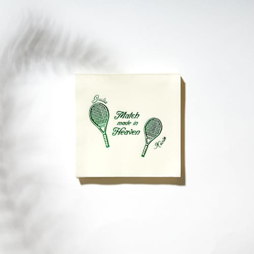 This is a white decorative paper napkins by ForYourParty called match made in heaven tennis napkin, set of 50 in standard