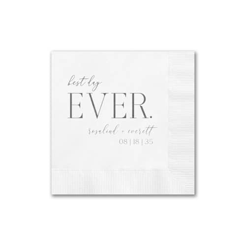 This is a white decorative paper napkins by Papel Custom Design called best day ever personalized napkin in standard