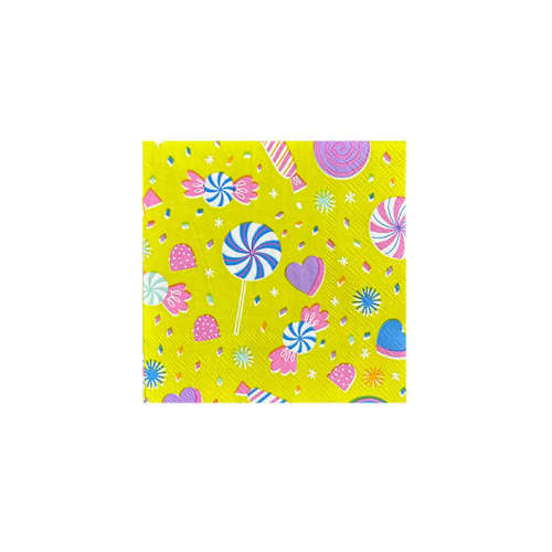 This is a yellow decorative paper napkins by Jollity and Co called it's a birthday candy print petite napkins - set of 16 in standard