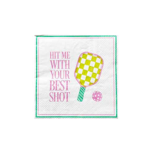 This is a multicolor decorative paper napkins by Jollity and Co called pickleball social club "hit me with your best shot" cocktail napkins - set of 20 in standard