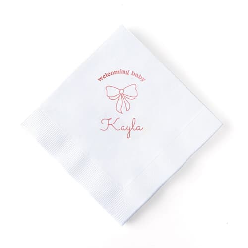 This is a white decorative paper napkins by ForYourParty called baby shower bows welcome napkin, cocktail size, set of 50 in standard