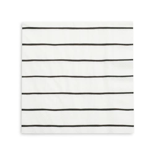 This is a black decorative paper napkins by Jollity and Co called ink frenchie striped large napkins - set of 16 in standard
