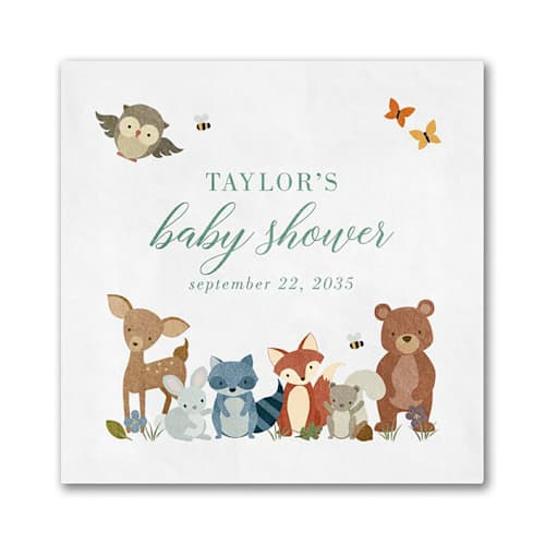 This is a white decorative paper napkins by Papel Custom Design called woodland creatures personalized baby shower napkin in standard